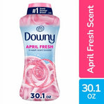 Downy April Fresh in-wash scent booster bottle with pink rose graphic and 30.1 oz volume text on white background