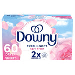 Close-up of a Downy Fresh + Soft April Fresh box with pink floral artwork and '60 dryer sheets' copy