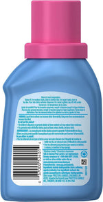 Close-up of the blue Downy bottle back label showing usage directions, warnings and barcode