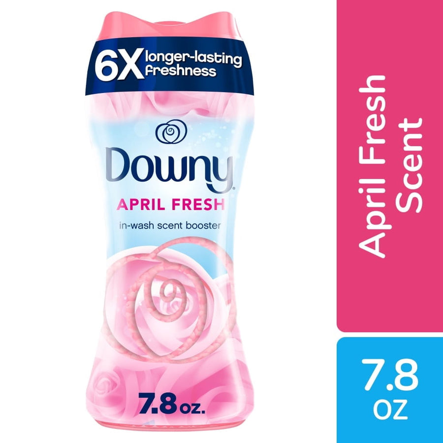 Front view of a Downy April Fresh in-wash scent booster bottle with pink floral graphics and 7.8 oz callout