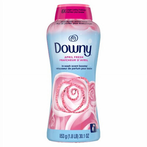 Downy April Fresh in-wash scent booster bottle showing label and rose swirl artwork on a white background