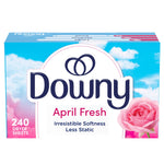 Front-facing box of Downy April Fresh dryer sheets with sky background and pink rose, 240 count branding visible