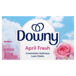 Close-up horizontal label of Downy April Fresh dryer sheets packaging showing logo, rose graphic and 240 sheets text