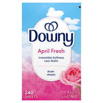 Tall vertical package view of Downy April Fresh dryer sheets showing sky background, logo, rose and 240 sheets notation