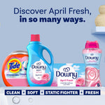 Array of laundry products including Downy April Fresh box, detergent and scent booster with headline about discovering April Fresh
