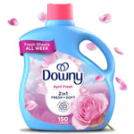 Single blue Downy April Fresh liquid fabric softener bottle with a pink cap, rose graphic and floating petals.