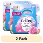 Two blue Downy April Fresh 2-in-1 fabric softener bottles with pink roses and a '2 Pack' label