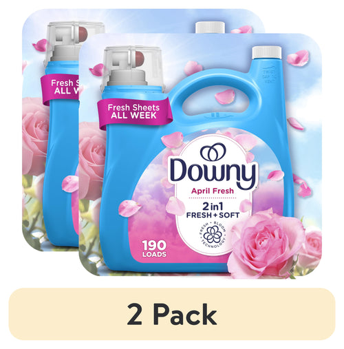 Two blue Downy April Fresh 2-in-1 fabric softener bottles with pink roses and a '2 Pack' label