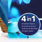 Packaging detail showing a '4 in 1' circular badge listing softens fabric, amazing scent, reduces wrinkles, fights static.