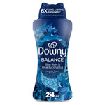 Tall blue Downy Balance laundry scent booster bottle labeled Blue Rain & Blue Eucalyptus with visible scent beads and 24 oz copy