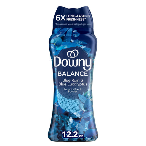 Tall blue Downy Balance laundry scent booster bottle with visible blue fragrance beads and eucalyptus imagery