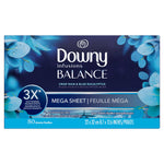 Full front product image of Downy Infusions BALANCE Mega Sheet box showing eucalyptus graphics and 80 sheets branding.