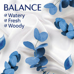 Close-up graphic panel showing blue eucalyptus leaves on silky fabric with BALANCE and scent notes 'Watery, Fresh, Woody'.