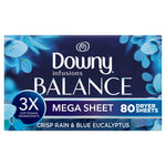 Front-facing pack shot of Downy Infusions BALANCE Mega Sheet box with blue eucalyptus graphics and 80 sheets callout.