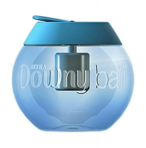 Close-up of a translucent blue Downy Ball fabric softener dispenser with embossed branding and blue cap.