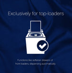 Infographic on blue background stating 'Exclusively for top-loaders' with a stylized top-loading washer icon.