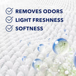 Text and icons over a textile background listing benefits: removes odors, light freshness, softness