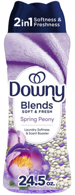 Front label of Downy Blends Spring Peony scent booster bottle with floral artwork and 24.5 oz text