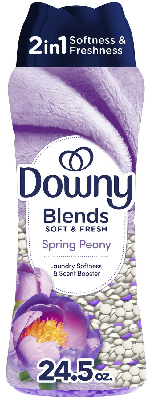 Front label of Downy Blends Spring Peony scent booster bottle with floral artwork and 24.5 oz text