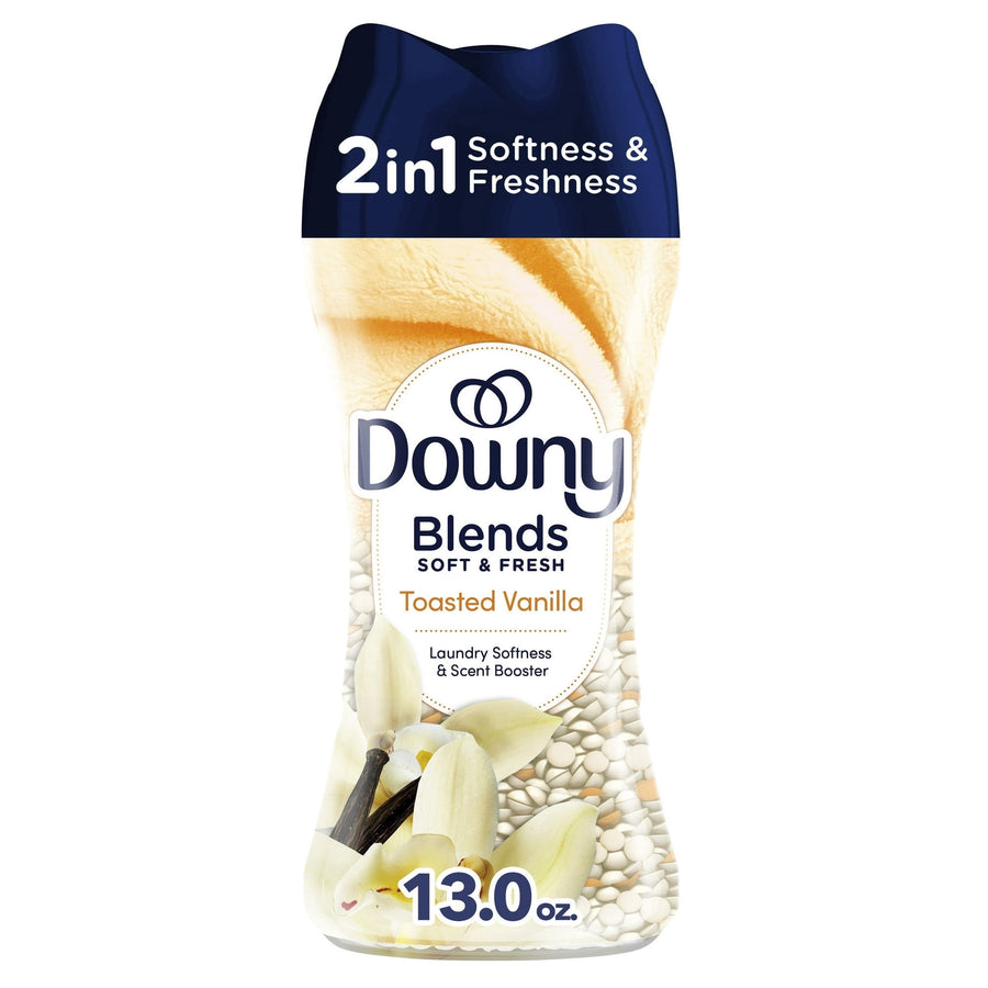 Downy Blends toasted vanilla in-wash scent booster bottle with vanilla flowers and 13.0 oz label on white background.