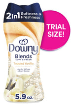 Downy Blends Toasted Vanilla scent booster bottle with visible beads and a pink trial-size badge on white background