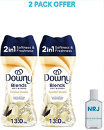 Two Downy Blends toasted vanilla scent booster bottles displayed as a 2 pack offer with a small hand sanitizer bottle at right.