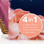 Close-up feature badge reading '4 in 1' with checklist and rose petals background from product packaging