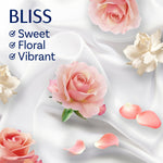 Graphic panel with roses on satin background and text describing 'BLISS' as sweet, floral, vibrant