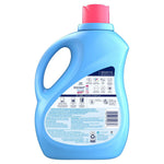 Rear view of a blue Downy bottle showing usage instructions, benefit icons, and a barcode on the label.