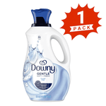 Downy Gentle Ocean Mist fabric softener bottle with blue cap beside a red '1 PACK' starburst graphic on white