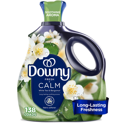 Close-up of a Downy Fresh Calm liquid fabric softener bottle with white floral graphics and green accents.