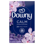 Front-facing pack of Downy CALM dryer sheets in navy packaging with lavender flowers, reading Lavender & Vanilla Bean and 55 dryer sheets.