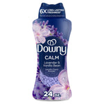 Tall Downy Calm lavender & vanilla bean in-wash scent booster bottle with purple beads visible and 24 oz label.