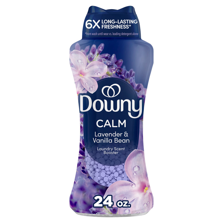 Tall Downy Calm lavender & vanilla bean in-wash scent booster bottle with purple beads visible and 24 oz label.
