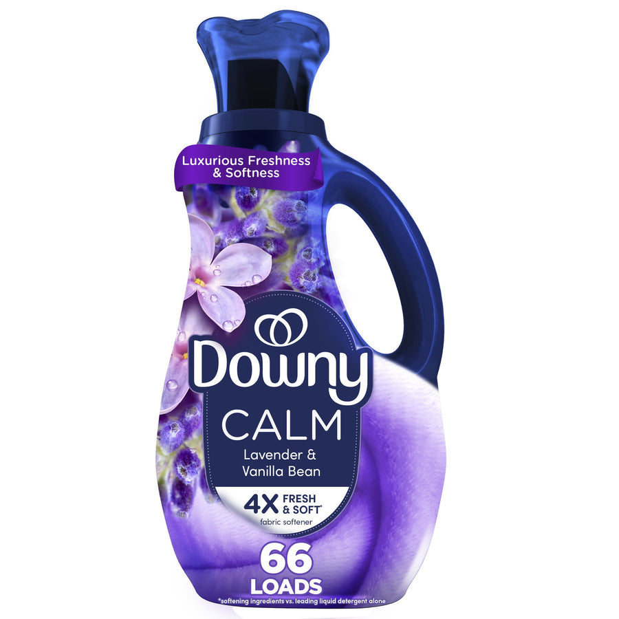 Bottle of Downy Calm fabric softener in purple packaging labeled lavender & vanilla bean with 66 loads callout