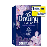 Front-facing Downy CALM lavender and vanilla bean mega dryer sheets box with floral artwork on a white background.