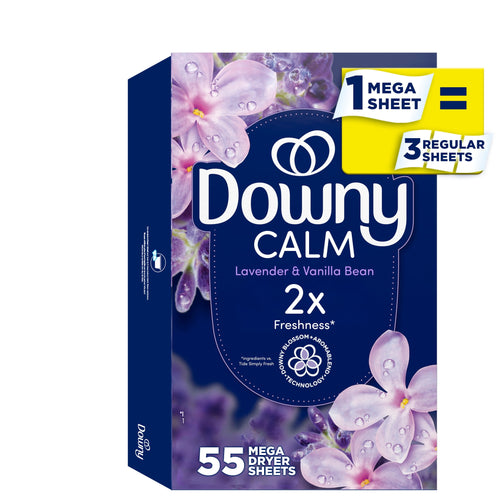 Front-facing Downy CALM lavender and vanilla bean mega dryer sheets box with floral artwork on a white background.