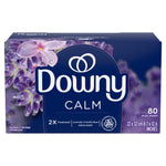 Downy CALM lavender & vanilla bean mega dryer sheets retail box with purple floral artwork and '80 dryer sheets' text.