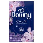 Tall Downy CALM lavender & vanilla bean mega dryer sheets package showing purple flowers and '80 dryer sheets' label.