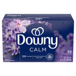Box of Downy CALM mega dryer sheets with lavender flowers and navy packaging, labeled Lavender & Vanilla Bean and 55 dryer sheets.