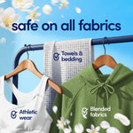 Graphic showing clothing on hangers and a towel with text 'safe on all fabrics' and fabric type icons.
