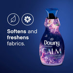 Downy Infusions Calm bottle on a blue background with icons and text ‘Softens and freshens fabrics.’