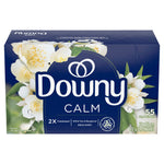 Downy Calm dryer sheet box in navy blue with white tea and bergamot floral artwork and brand logo