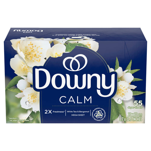 Downy Calm dryer sheet box in navy blue with white tea and bergamot floral artwork and brand logo
