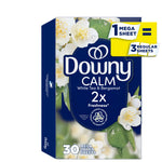 Box of Downy CALM dryer sheets in navy packaging with white tea blossom and bergamot artwork