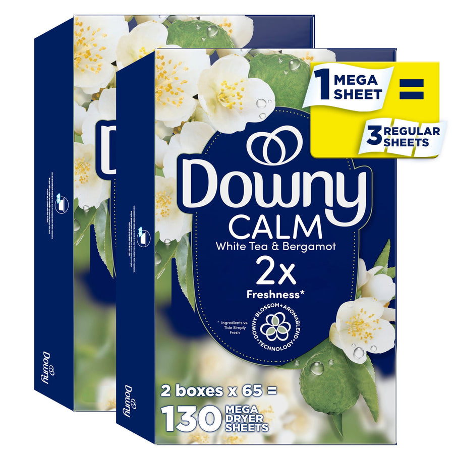 Two overlapping boxes of Downy CALM White Tea & Bergamot mega dryer sheets with floral artwork
