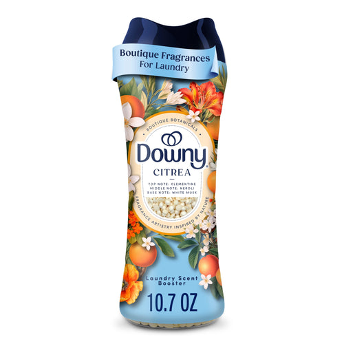 Tall floral-decorated Downy Citrea scent booster bottle with visible label and 10.7 oz marking on white background.