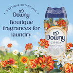 Downy Citrea scent booster bottle standing amid illustrated flowers with the phrase 'Boutique fragrances for laundry' on a blue sky background.