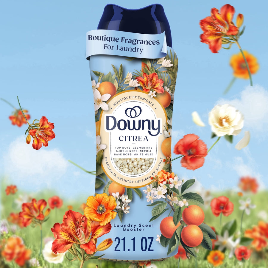 Downy Citrea Boutique Botanicals in-wash scent booster bottle with floral and citrus illustration