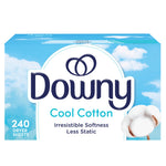 Front-facing Downy Cool Cotton dryer sheets box with sky background and cotton graphic